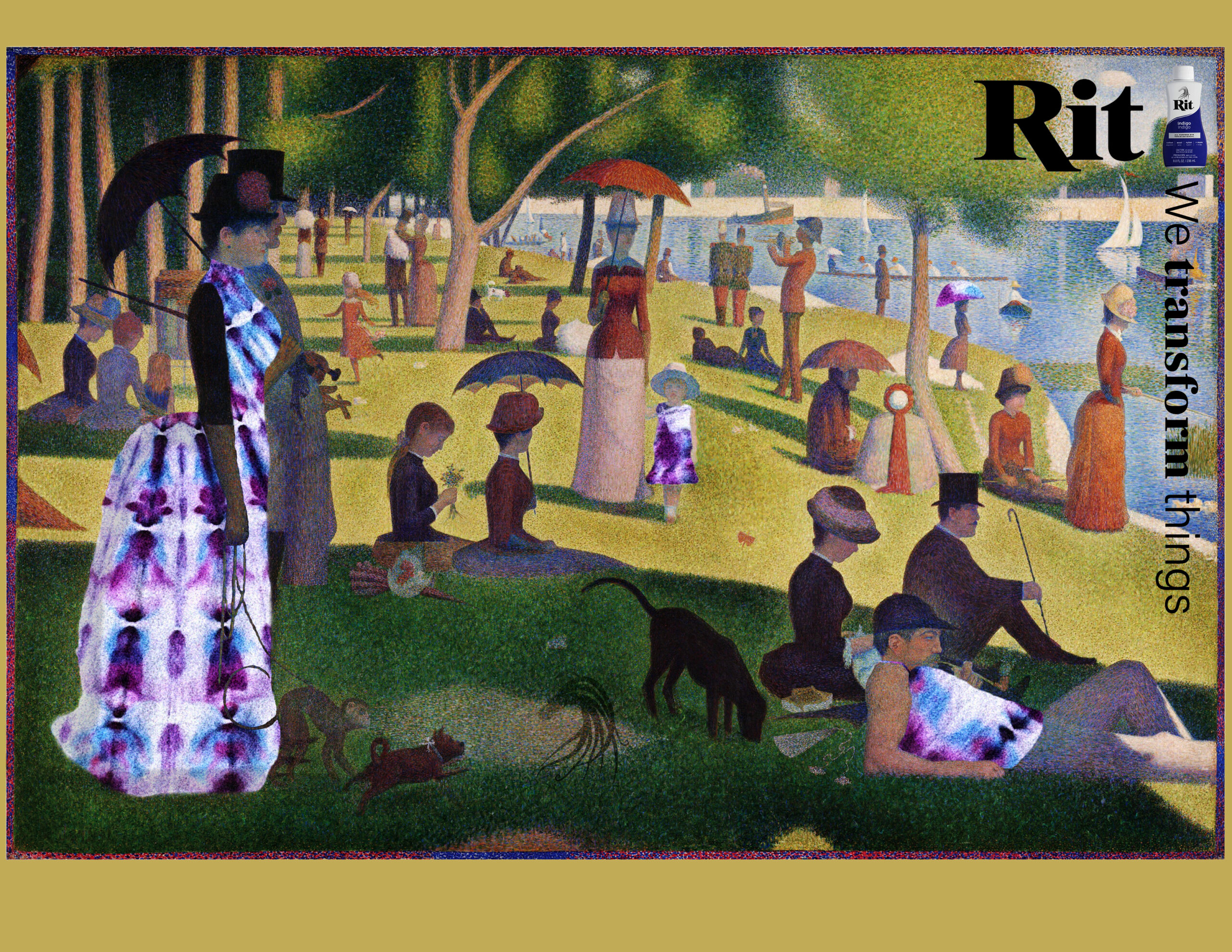 Rit is Transformation Ad Campaign Ad #1 with work from Georges Seurat and Rit Tie Dye interjected throughout.