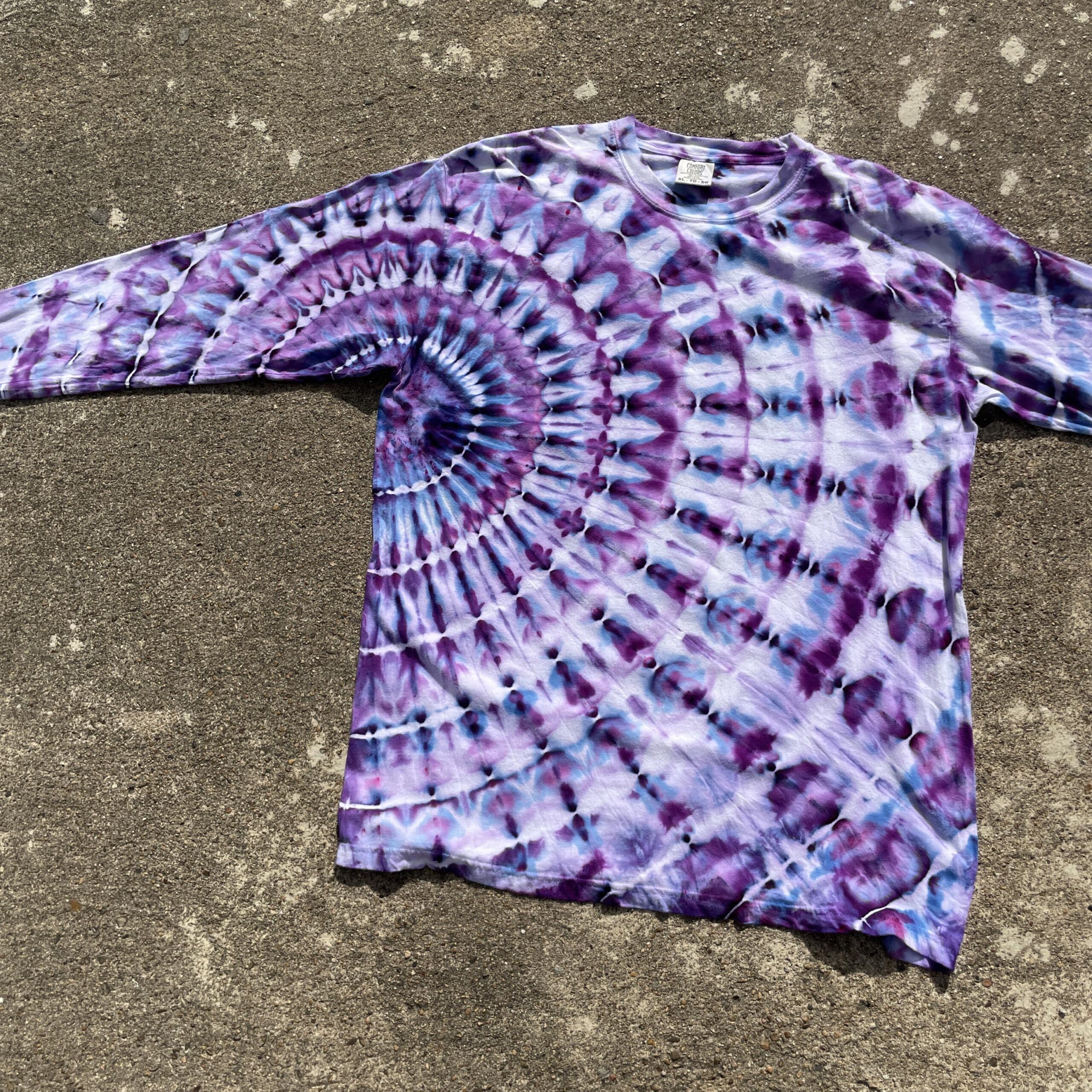 long sleeve shirt with purple tie die swirl